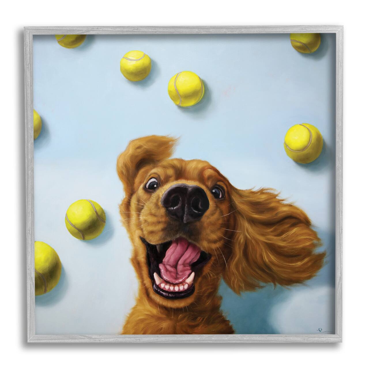 Stupell Industries Happy Smiling Pet Dog with Yellow Tennis Balls in Gray Frame Wall Art